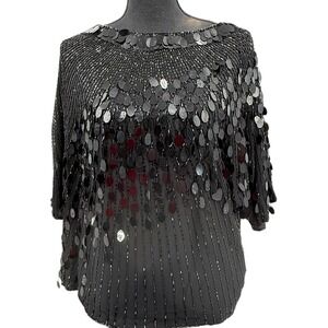 Oleg Cassini Women's Blouse Black Sequin Beaded Silk Top Holiday Xmas Large